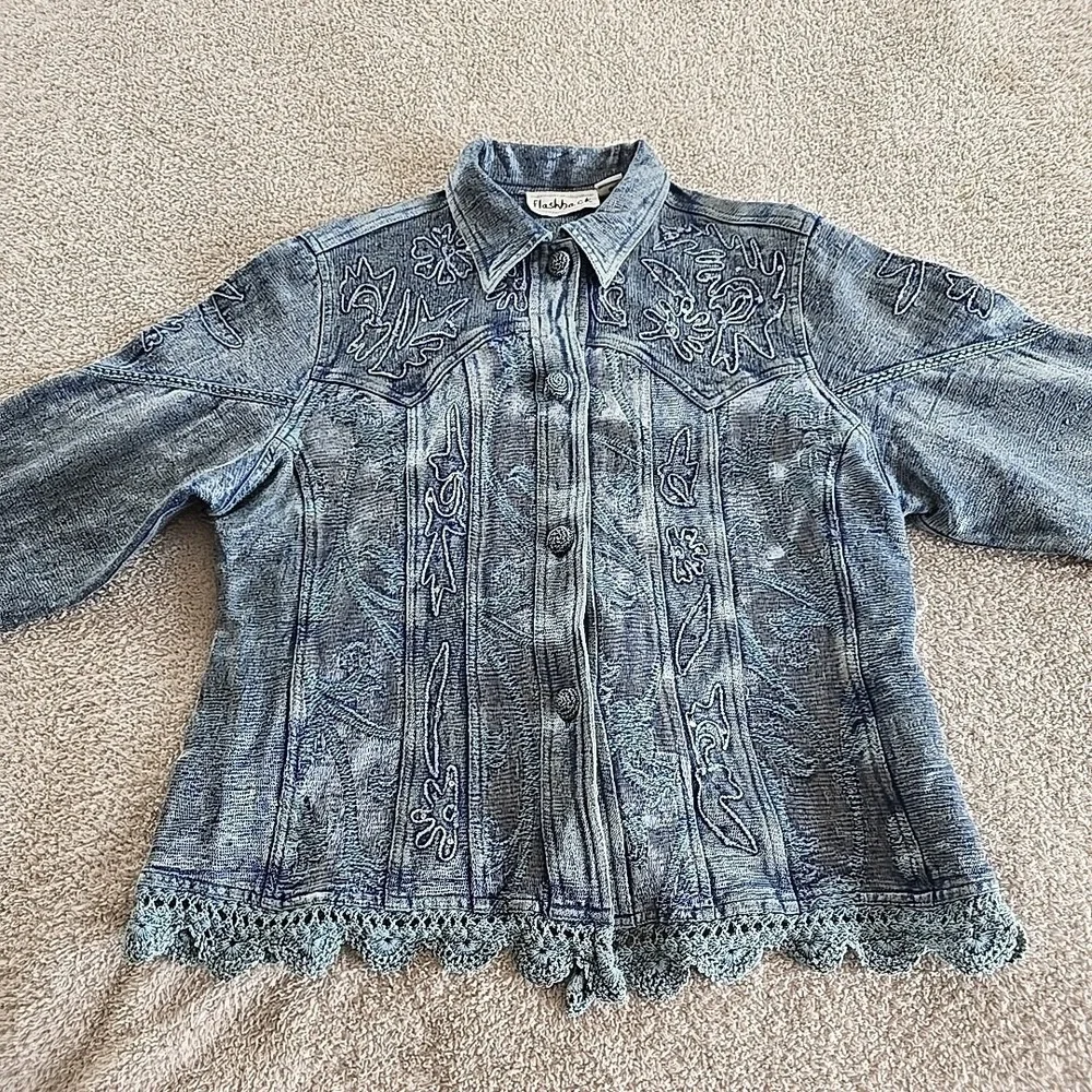 Vintage Flashback Jacket Metallic Blue Floral Detail Lace Embroidered Sequins XL